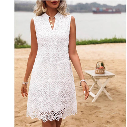 Women's Mini Dress – Lace – Geometric Pattern – Sleeveless – Straight Fit – V-neck