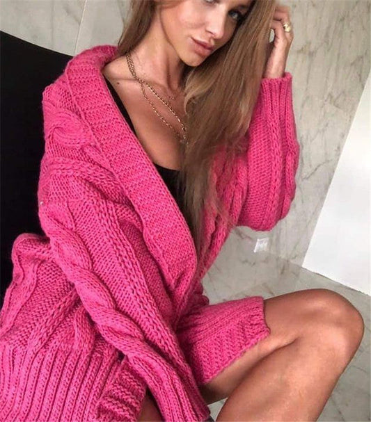 Women's Knit Sweater – Oversized Fit – Wool Blend – Cable Knit – V-Neck – Long Sleeves