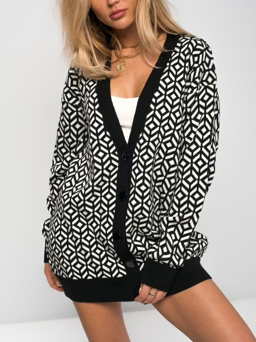 Women's Cardigan – Oversize Fit – Soft Knit – V-Neck – Geometric Pattern