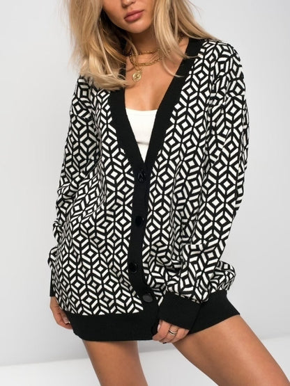 Women's Cardigan – Oversize Fit – Soft Knit – V-Neck – Geometric Pattern