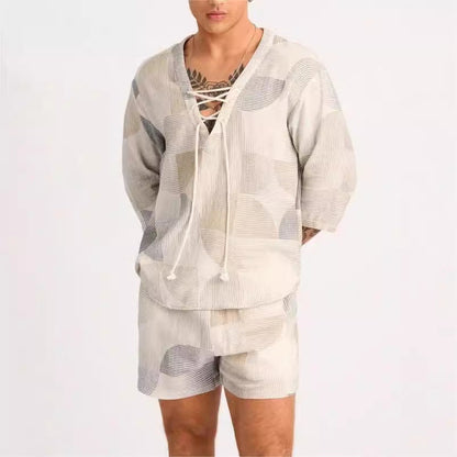 Men's Set – Relaxed Fit – Soft Breathable Fabric – Drawstring Shirt & Shorts