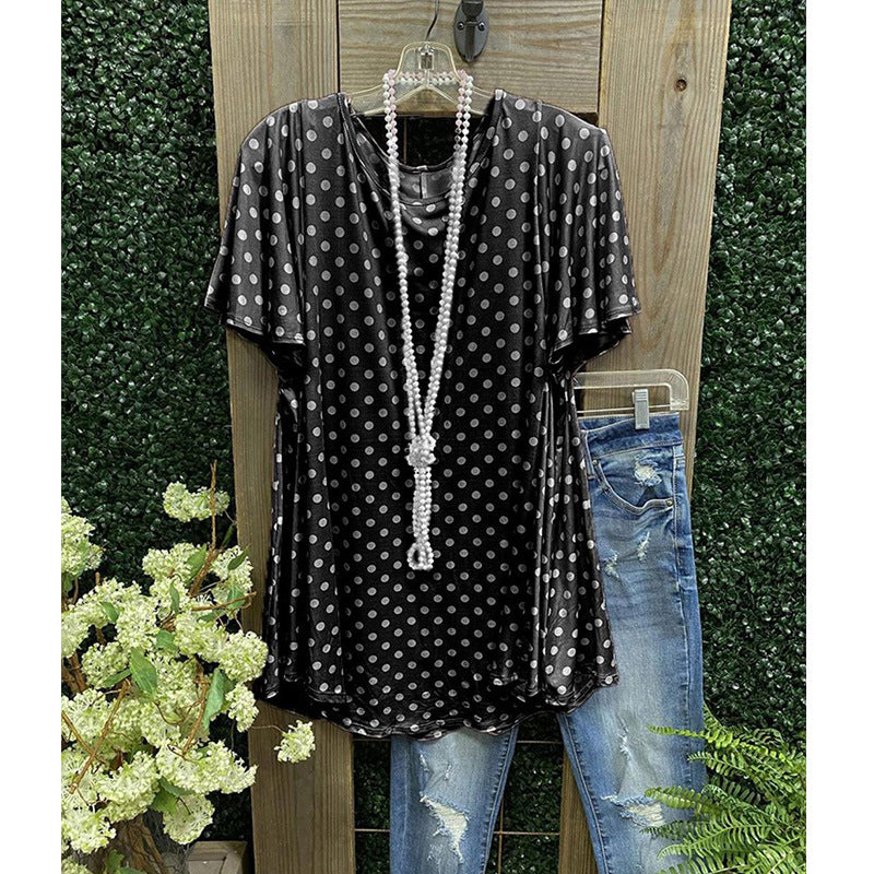 Women's Tunic Top – Loose Fit – Short Sleeve – Polka Dot Pattern – Breathable Comfort