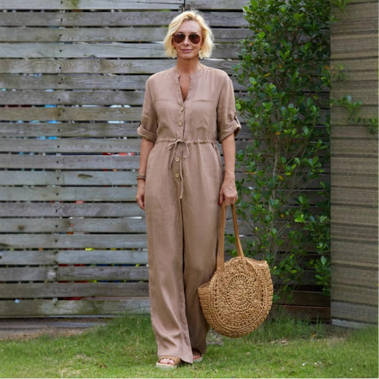 Women's Jumpsuit – V-neck – Relaxed Fit – Breathable Material – Adjustable Waist
