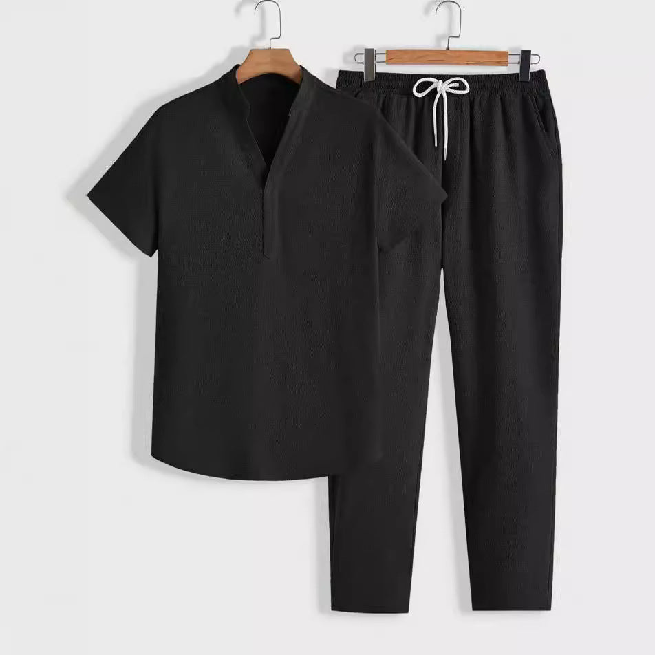 Men's Training Set – Short-Sleeved V-Neck Top – Adjustable Pants – Breathable Fit