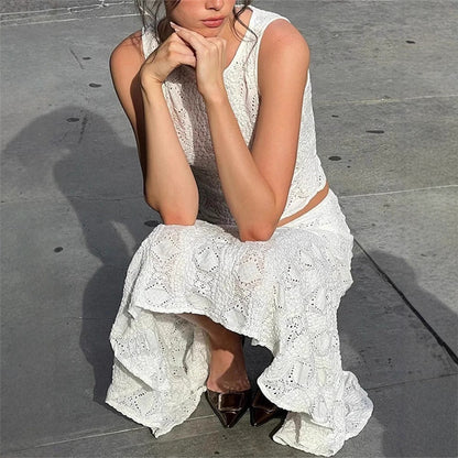 Women's Two-Piece Set – Sleeveless Crop Top – A-line Midi Skirt – Textured Lightweight