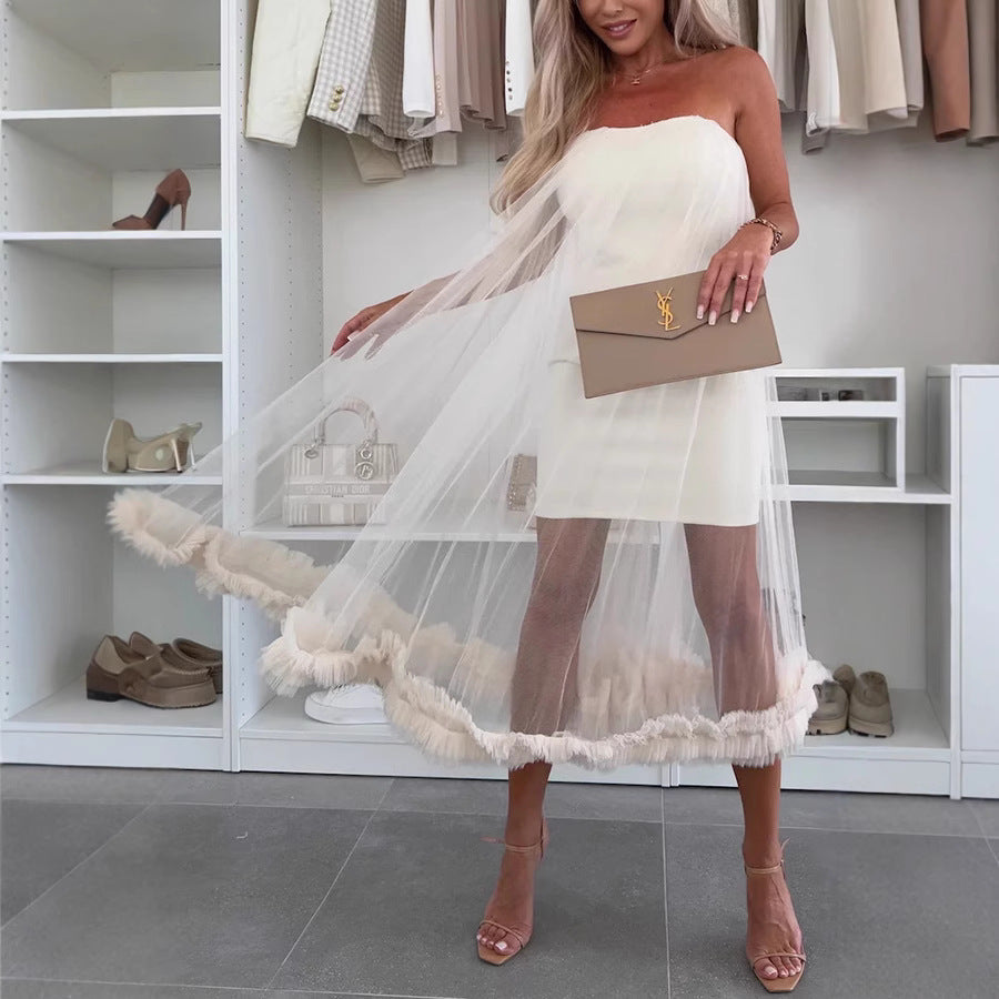 Women's Midi Dress – Strapless A-line Fit – Tulle Layer – Ruffle Hem – Casual Elegant