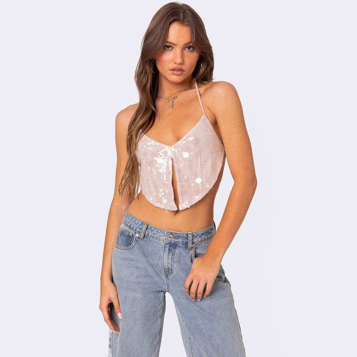 Women's Crop Top – Slim Fit – Halterneck – Deep V-Neck – Shiny Party Look