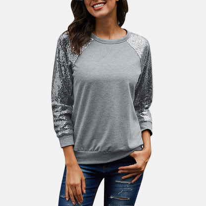 Elena Sequin Sleeve Relaxed Fit Sweatshirt | Crewneck Sparkle Detail Pullover