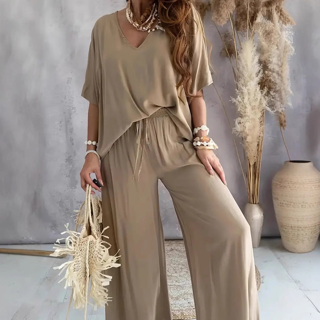 Women's Set – V-Neck Top and Wide Pants – Relaxed Fit – Breathable Fabric