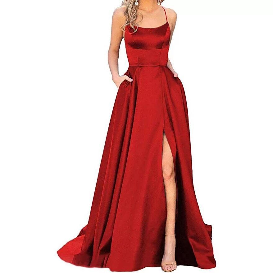 Women's Evening Gown - Sleek A-Line - Spaghetti Straps - Side Slit