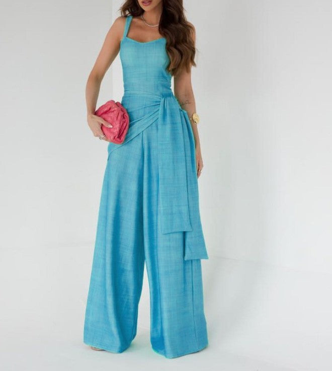 Women's Jumpsuit – Tailored Top – Wide Leg – Sleeveless – Adjustable Waist – Natural Look