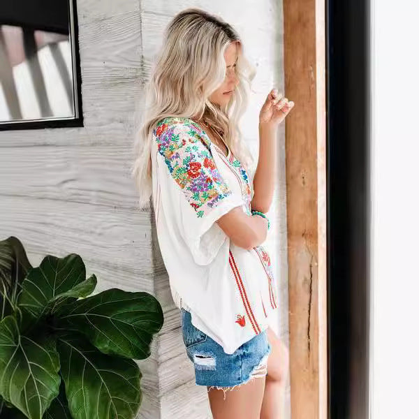 Women's V-Neck T-Shirt – Relaxed Fit – Soft Cotton Blend – Floral Pattern