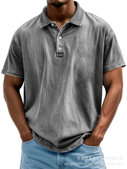 Herre Poloshirt – Bomuld – Afslappet Pasform – Vasket Retro Stil – Kort Ærme