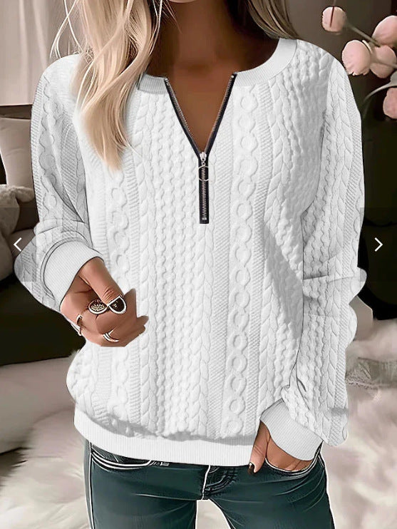 Women's Knit Sweater – Relaxed Fit – Cable Knit – Zip Collar – Soft and Warm