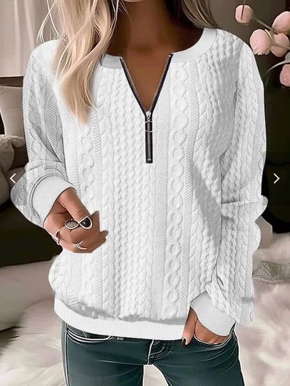 Women's Knit Sweater – Relaxed Fit – Cable Knit – Zip Collar – Soft and Warm