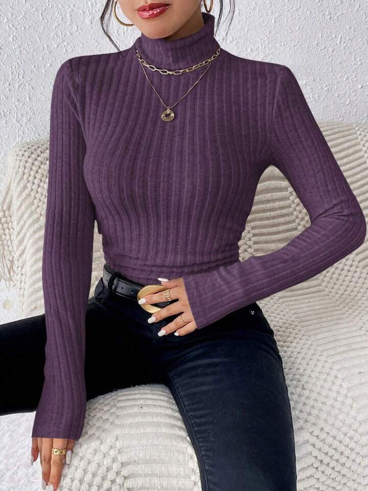 Women's Turtleneck Sweatshirt – Slim Fit – Ribbed Knit – Long Sleeves-Soft Wool Feel