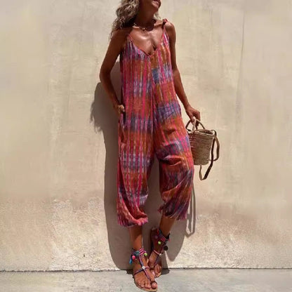 Women's Jumpsuit – Loose Fit – Adjustable Straps – V-Neck – Waistband – Print