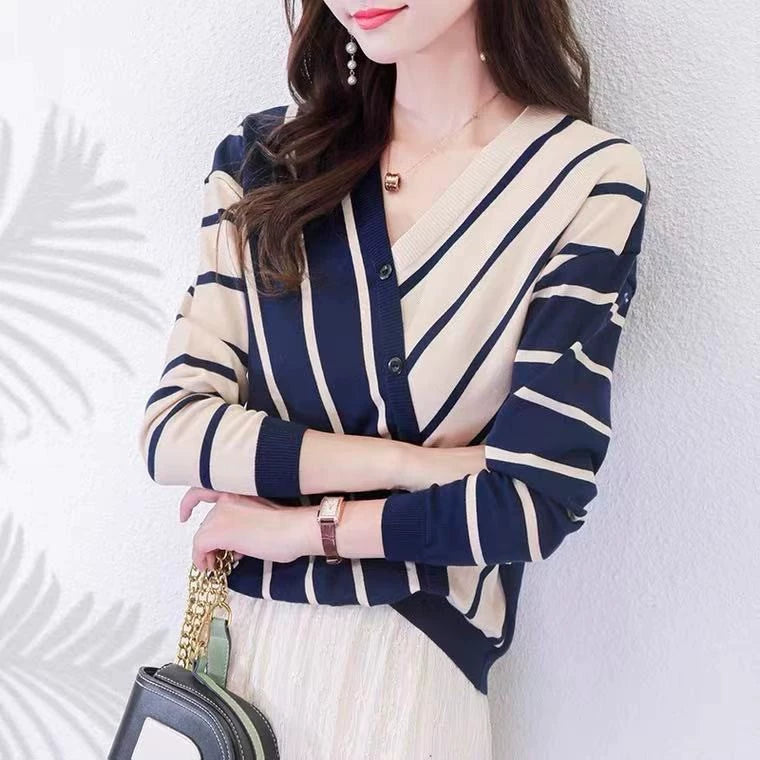 Women's Striped V-Neck Knit Cardigan for Women – Button-Up Long Sleeve Top