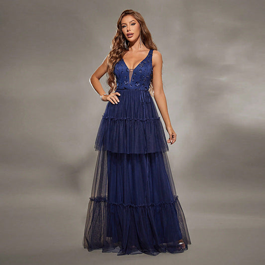 Dress for Women – Maxi Dress – V-Neck – Embroidered Bodice – Layered Tulle Skirt – Elegant Fit