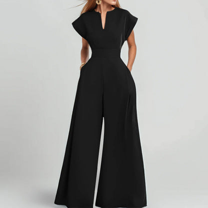 Dame Jumpsuit – Løs Pasform – V-Hals – Korte Ærmer – Bred Ben – Med Lommer