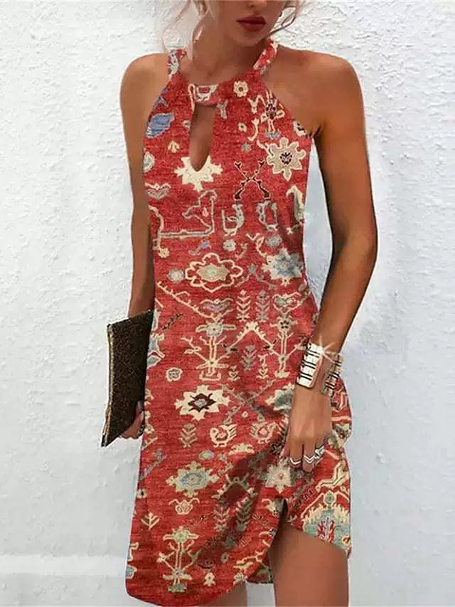 Women’s Sleeveless Mini Dress – Halter Neck – Relaxed Fit – Printed Summer Style