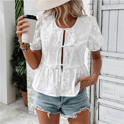 Women's Blouse – Ruffle Fit – Embroidered Lace – Tie Front – Puff Sleeves – Breathable Fabric