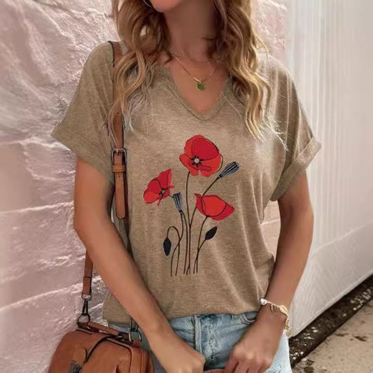 Women's T-shirt – Relaxed Fit – V-neck – Floral Print – Breathable Lightweight Material