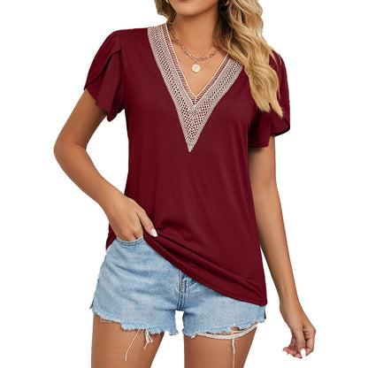 Women's T-shirt – Relaxed Fit – V-neck with Lace Detail – Soft Breathable Material