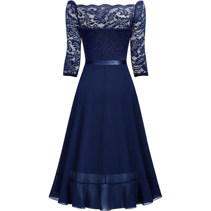 Elegant lace cocktail dress for women - Off-Shoulder - 3/4 sleeves