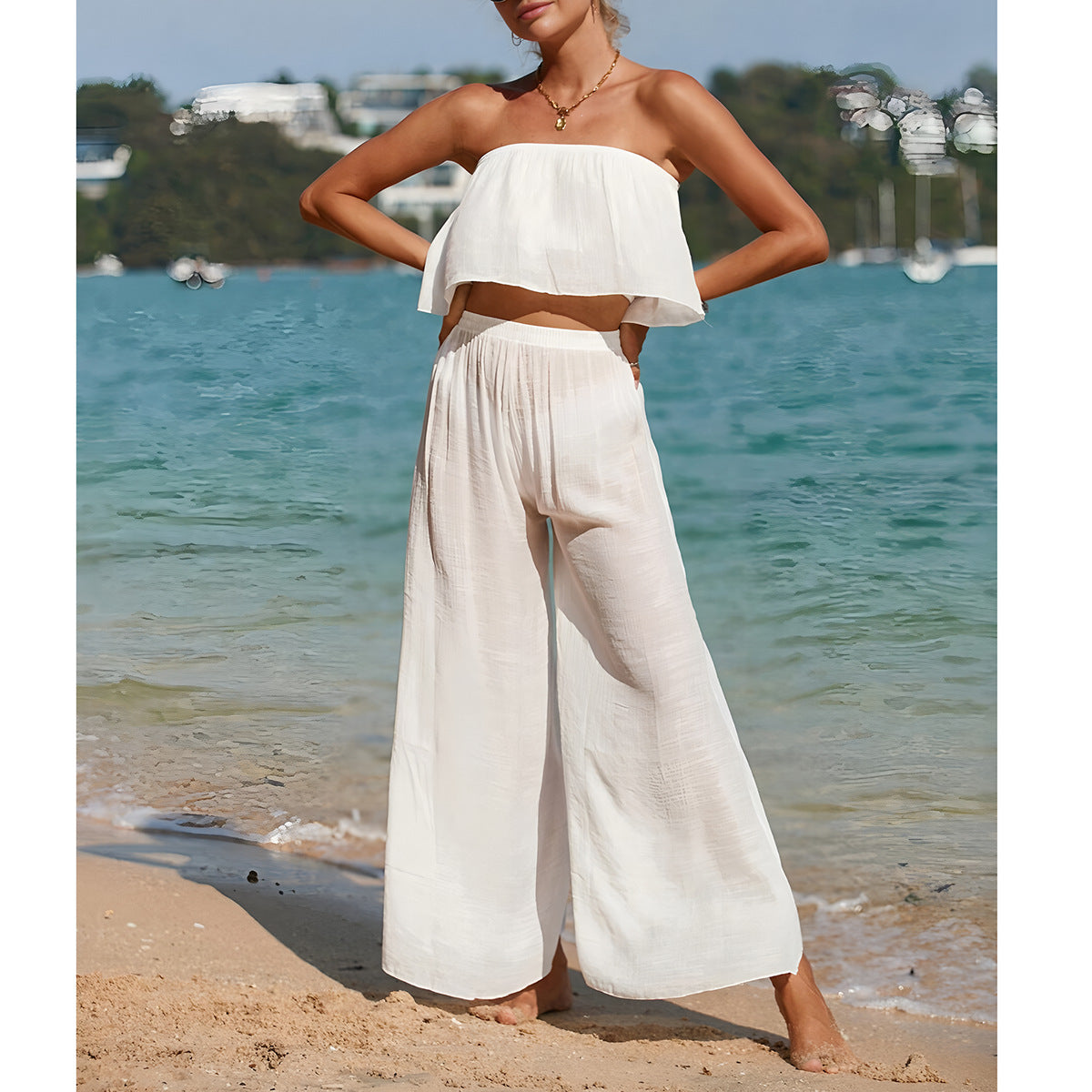 Women's Two-piece Set – Strapless Top – Wide Pants – Breathable Lightweight Fabric