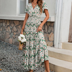 Women's Maxi Dress – V-Neck – Floral Pattern – Ruched Details – Loose Fit – Lightweight and Breathable