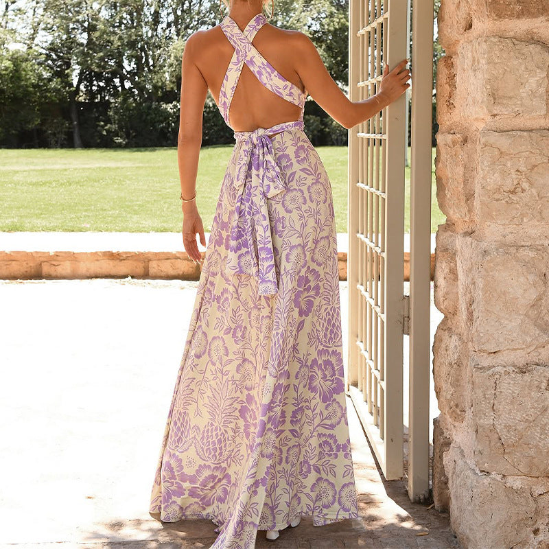 Dress for Women – Halterneck – Floral Print – Long – Open Back – Light and Elegant