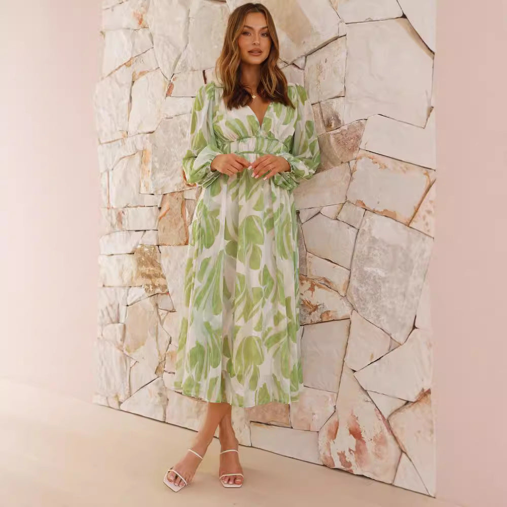 Women's Dress – Long Chiffon – Floral Print – V-Neck – Loose Fit – Long Sleeves