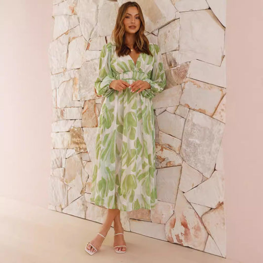 Women's Dress – Long Chiffon – Floral Print – V-Neck – Loose Fit – Long Sleeves