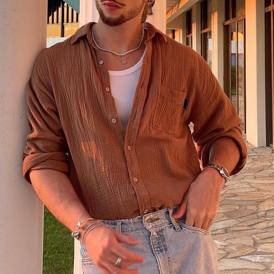 Men's Shirt with Long Sleeves – Relaxed Fit – Breathable Cotton and Linen Blend – Button Closure
