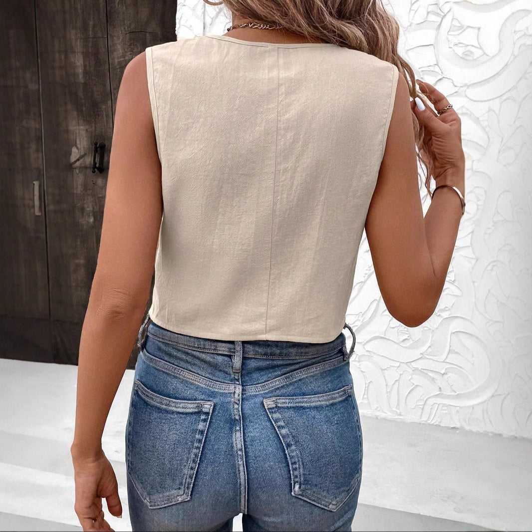 Women's Vest Top – Tailored Fit – V-Neck – Button Closure – Cropped Breathable Design