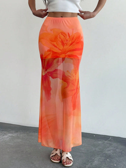 Women's Skirt – Mermaid Cut – Light Mesh – Transparent Floral Pattern – Ankle Length