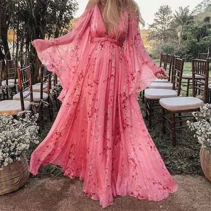 Women's Maxi Dress – Elegant Fit – Empire Waist – Luxury Material – V-Neck – Butterfly Sleeves