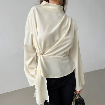Damebluse – Let Chiffon – Draperet Pasform – Lange Ærmer – Indsnævret Talje
