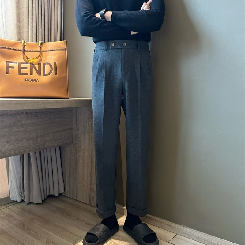 Men's Trousers – Wool Blend – High Waist – Crease – Turn-Up – Straight Leg