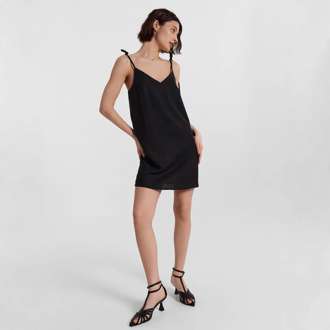 Women's Slip Dress – Satin – Slim Fit – V-Neck – Spaghetti Straps with Bow