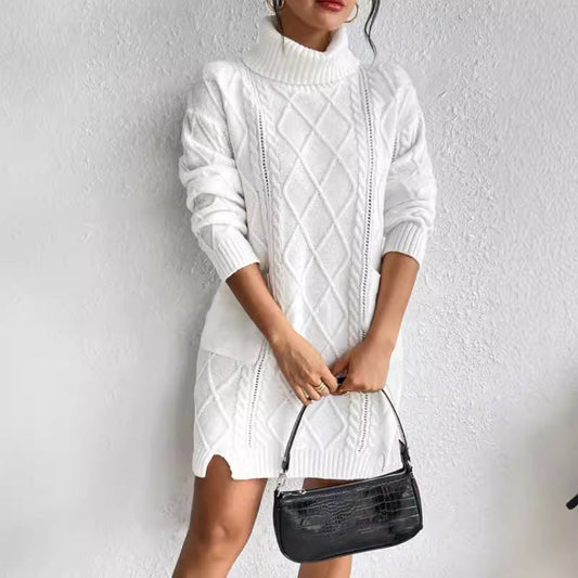 Women's Knit Dress – Slim Fit – Cable Knit – High Neck – Long Sleeves – Ribbed Hem