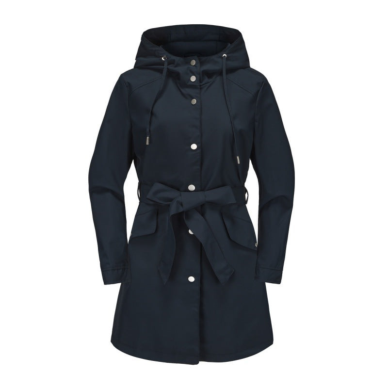 Women's Trench Coat – Relaxed Fit – Water-Resistant – Hood – Waist Belt – Mid-Length