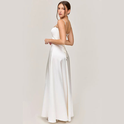 Women's Midi Dress – Slim Fit – A-line Shape – Spaghetti Straps – Lace Panel