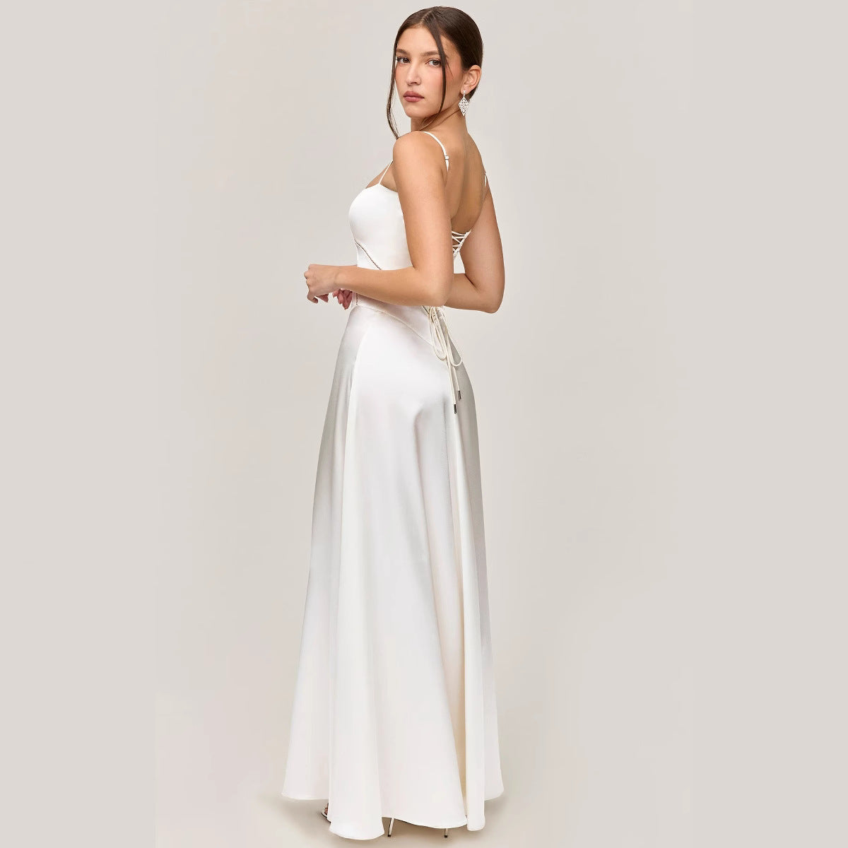 Women's Midi Dress – Slim Fit – A-line – Lace Panels – Spaghetti Straps – Luxurious Fabric