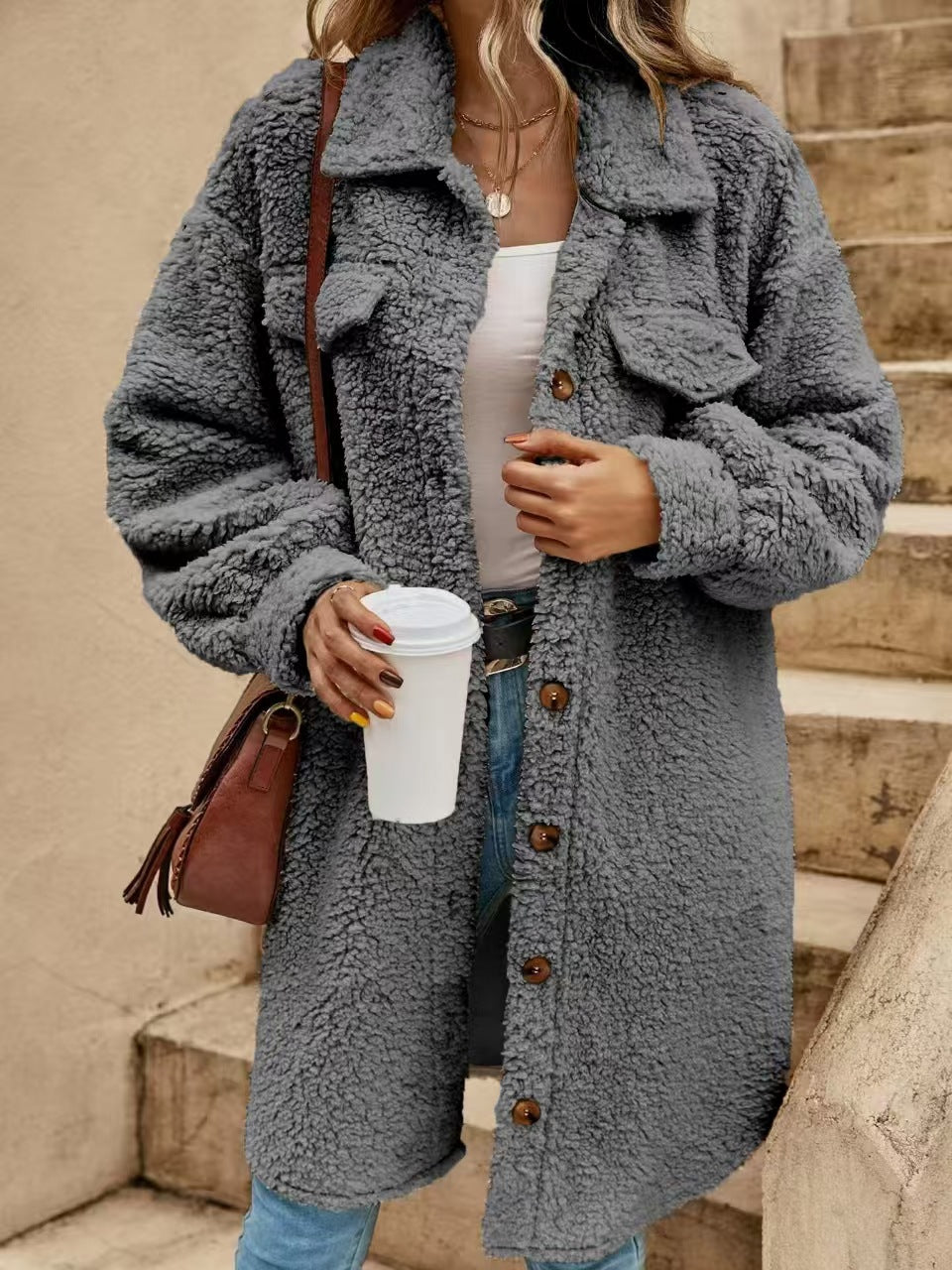 Women's Coat – Oversized Fit – Soft Sherpa – Button Closure – Chest Pockets