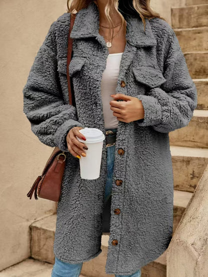 Women's Coat – Oversized Fit – Soft Sherpa – Button Closure – Chest Pockets