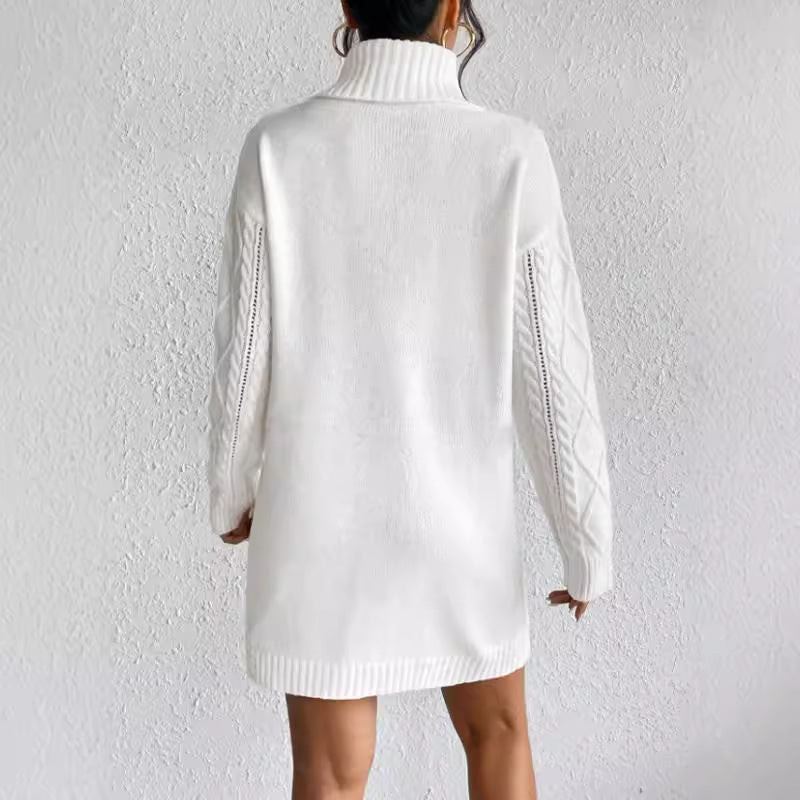 Women's Knit Dress – Slim Fit – Cable Knit – High Neck – Long Sleeves – Ribbed Hem