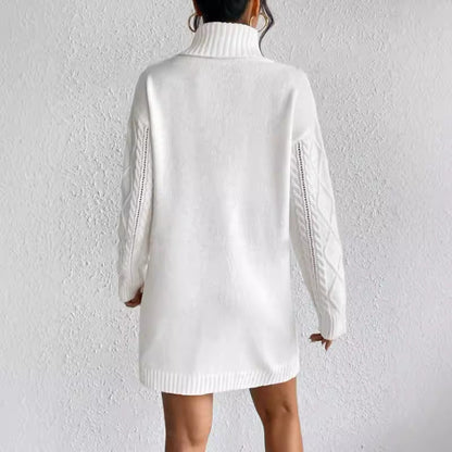 Women's Knit Dress – Slim Fit – Cable Knit – High Neck – Long Sleeves – Ribbed Hem