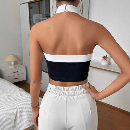 Women's Halterneck Top – Slim Fit – Short Length – Cross Detail – Contrast Edge
